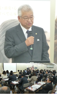 「2014年春の記者発表会」であいさつする千代岡和文タカラベルモント副社長（会場は、東京・代々木の美容会館9F）。45社を超すメディアが集まった）