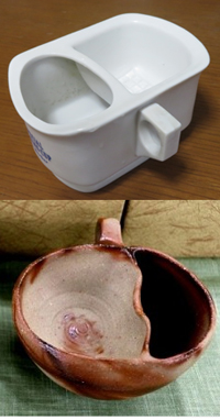 一般的なシェービングカップ（上）と備前焼のカップ