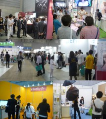 第7回アジアビューティエキスポの会場風景。下・左は美容師の独占業務となったまつ毛エクステンションの展示ブース、下・右はフォトセッションを行う日本パーマネントウエーブ液工業組合のブース（撮影はいづれも26日）