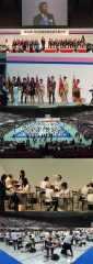 上から、開会式であいさつする吉井眞人全美連理事長、優勝旗を返還した前回大会優勝者、競技が行われた大阪市中央体育館と競技風景