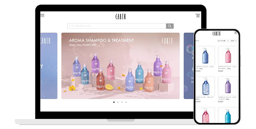 美容室チェーン「HAIR & MAKE EARTH」の公式オンラインショップを例に、「Salon.EC」で構築された美容サロン向けネットショップの画面イメージ。<br />
